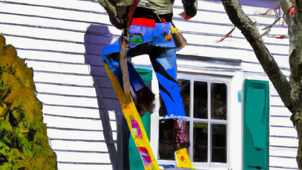 Man climbing ladder on Bernardsville, New Jersey home to replace roof