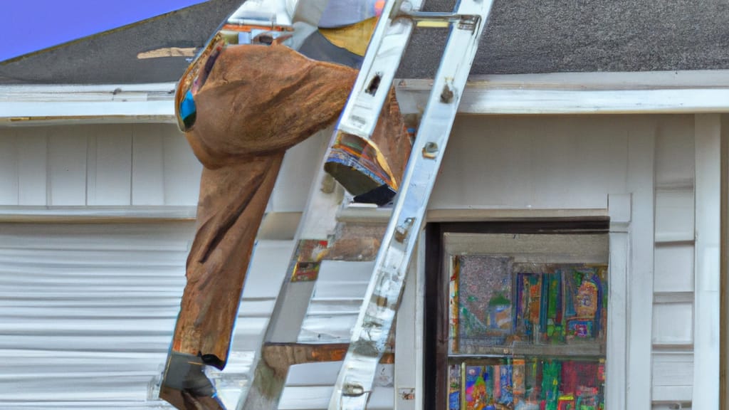 Man climbing ladder on Bethany, Oklahoma home to replace roof