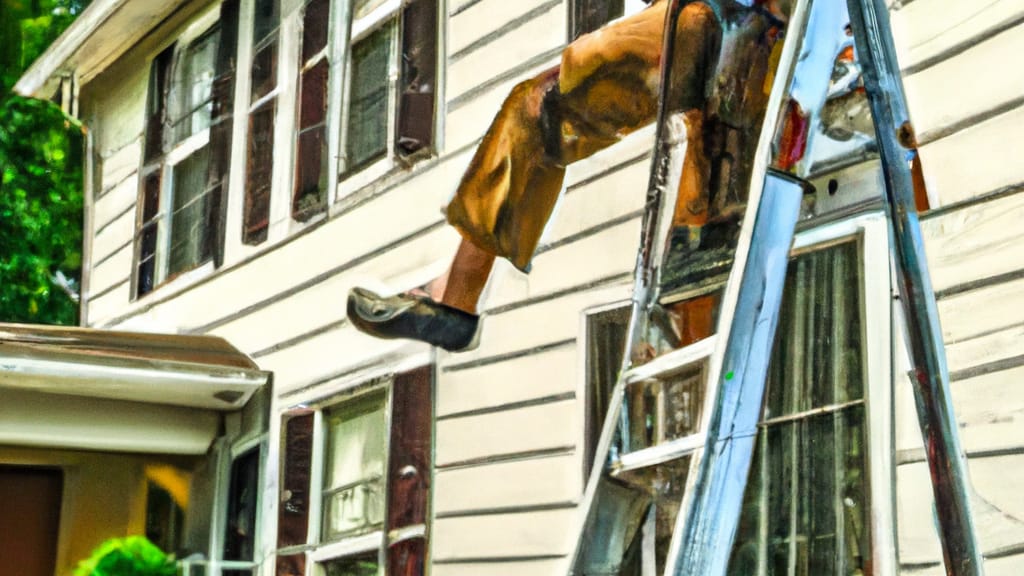 Man climbing ladder on Bethesda, Maryland home to replace roof