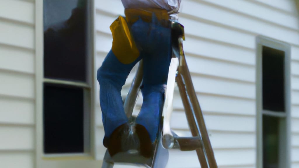 Man climbing ladder on Big Rapids, Michigan home to replace roof