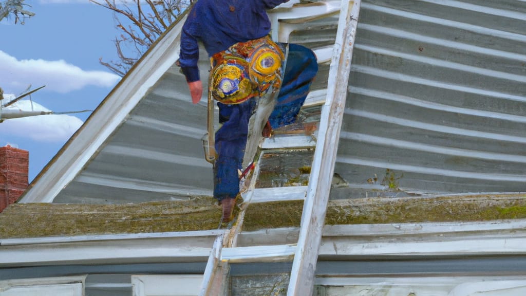 Man climbing ladder on Billerica, Massachusetts home to replace roof