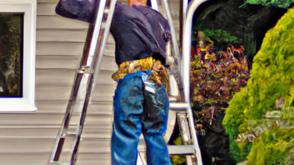 Man climbing ladder on Bonney Lake, Washington home to replace roof