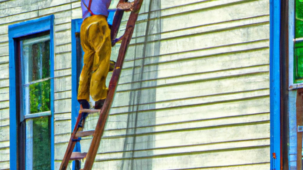 Man climbing ladder on Boonville, Indiana home to replace roof