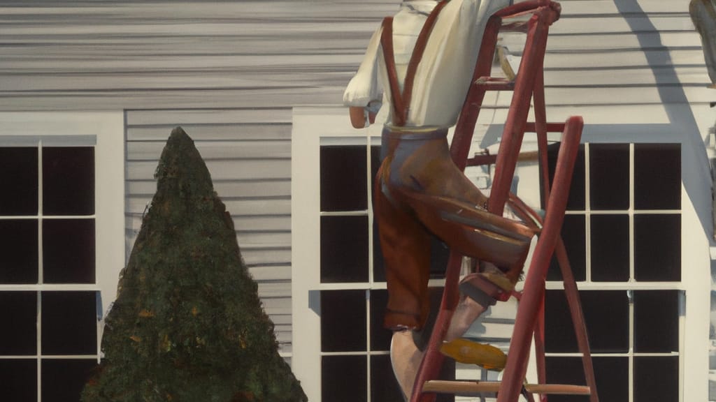Man climbing ladder on Bow, New Hampshire home to replace roof