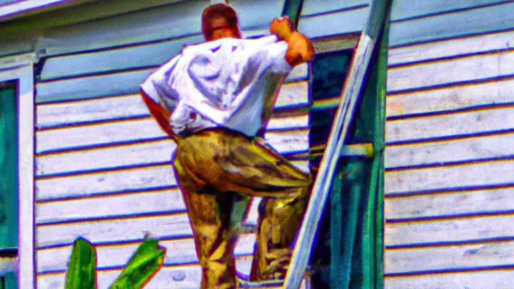 Man climbing ladder on Breaux Bridge, Louisiana home to replace roof