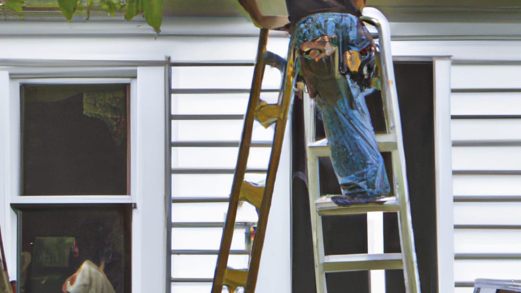 Man climbing ladder on Brentwood, New York home to replace roof