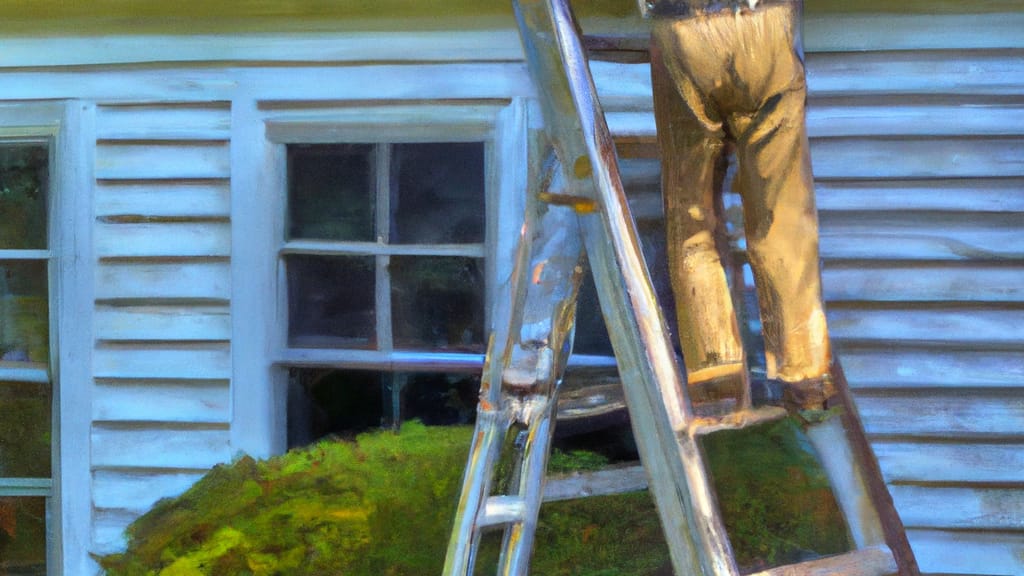 Man climbing ladder on Bridgewater, Massachusetts home to replace roof