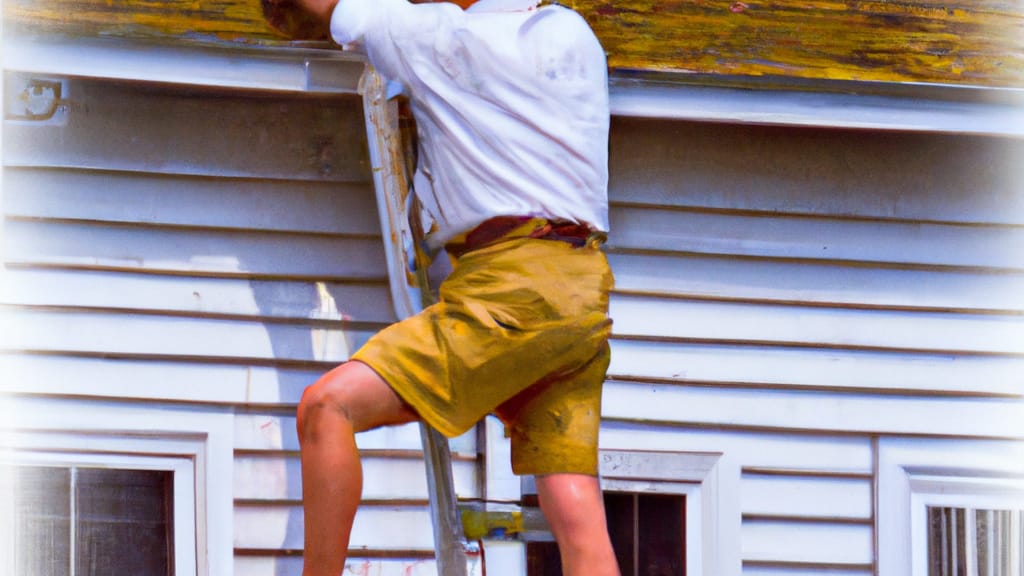 Man climbing ladder on Brigantine, New Jersey home to replace roof