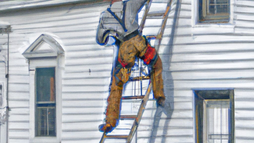 Man climbing ladder on Brockton, Massachusetts home to replace roof