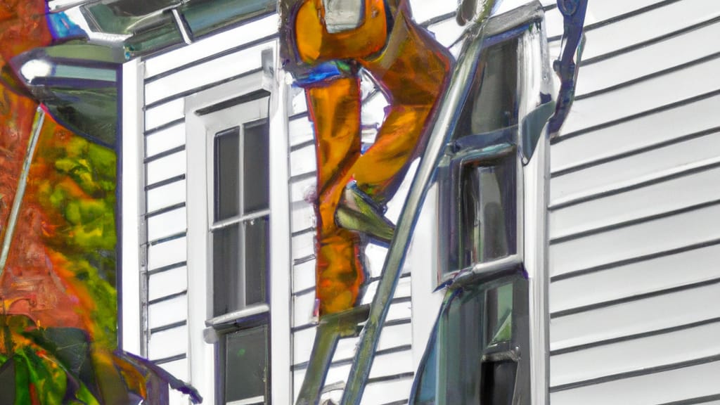 Man climbing ladder on Brookline, Massachusetts home to replace roof