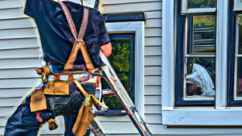 Man climbing ladder on Burlington, Vermont home to replace roof