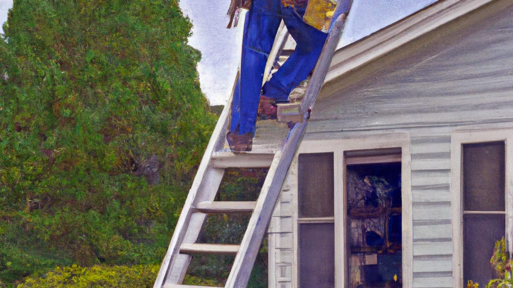 Man climbing ladder on Byron, Michigan home to replace roof