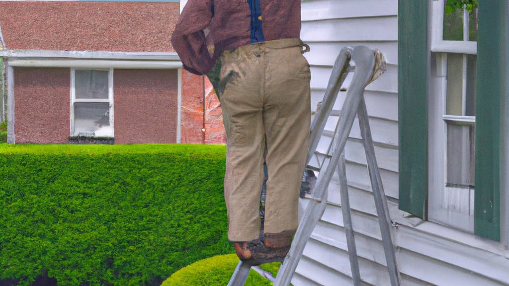 Man climbing ladder on Campbellsville, Kentucky home to replace roof
