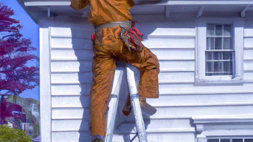 Man climbing ladder on Canton, Massachusetts home to replace roof