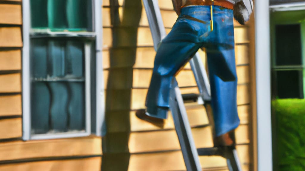 Man climbing ladder on Carnegie, Pennsylvania home to replace roof