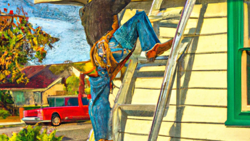 Man climbing ladder on Castro Valley, California home to replace roof