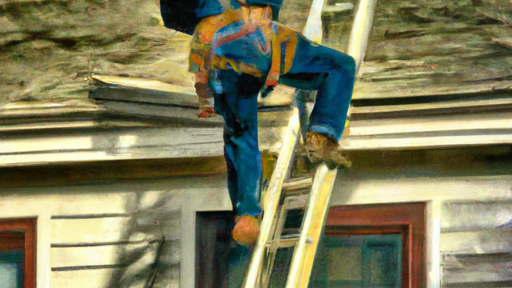 Man climbing ladder on Cedarburg, Wisconsin home to replace roof