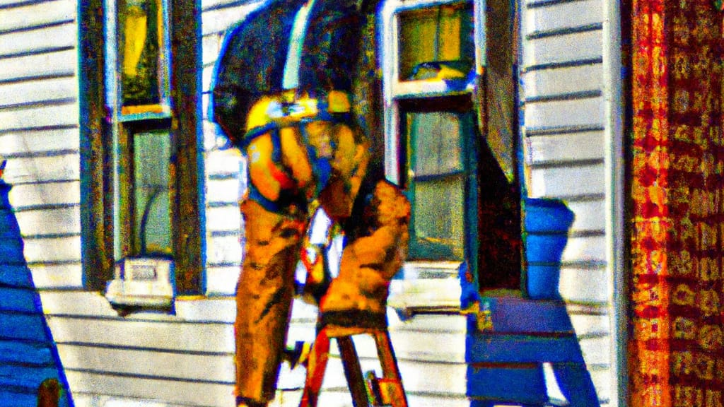 Man climbing ladder on Cedarhurst, New York home to replace roof