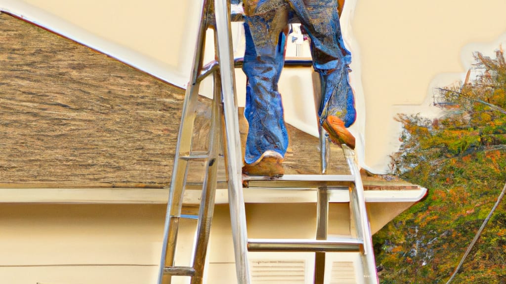 Man climbing ladder on Center, Texas home to replace roof
