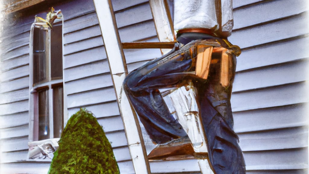 Man climbing ladder on Centereach, New York home to replace roof