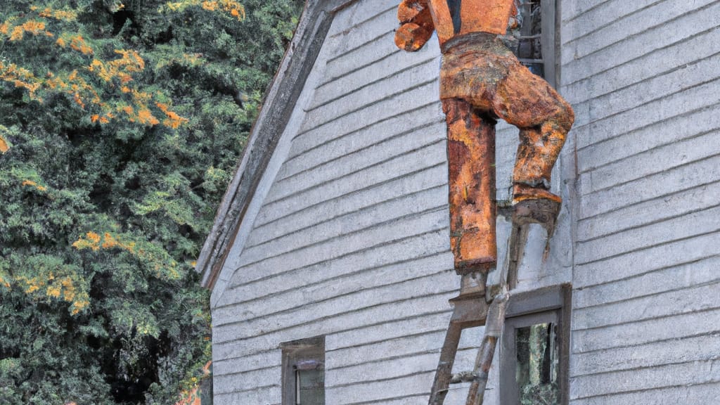 Man climbing ladder on Centralia, Illinois home to replace roof