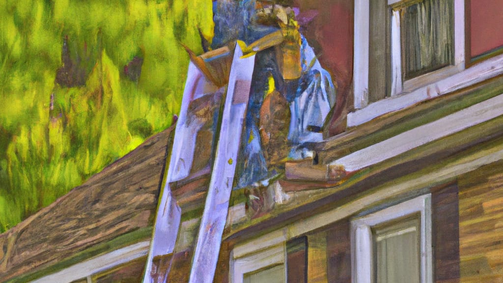 Man climbing ladder on Champaign, Illinois home to replace roof