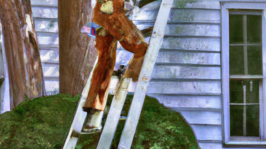 Man climbing ladder on Chappaqua, New York home to replace roof