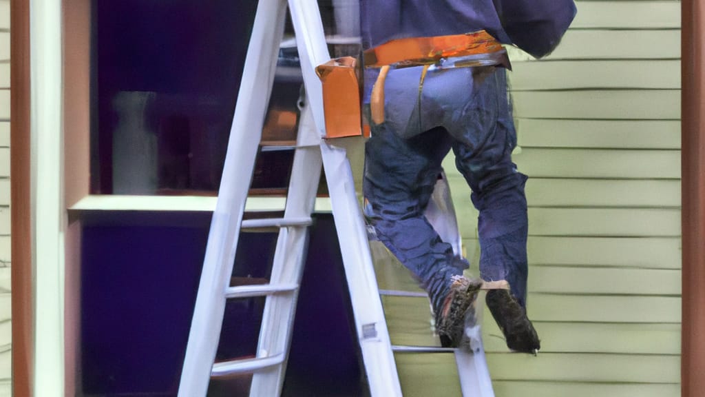 Man climbing ladder on Chardon, Ohio home to replace roof