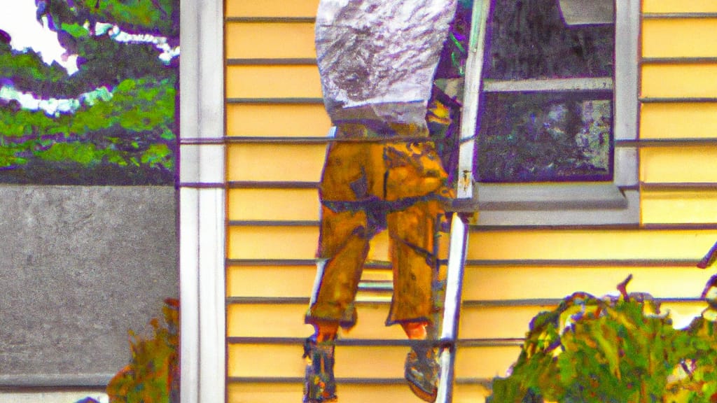 Man climbing ladder on Charlton, Massachusetts home to replace roof