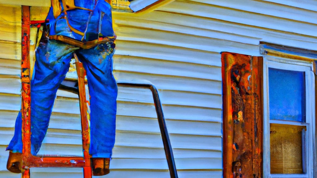 Man climbing ladder on Childress, Texas home to replace roof