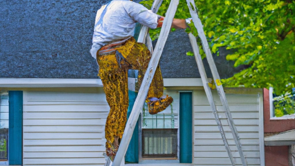 Man climbing ladder on Clark, New Jersey home to replace roof