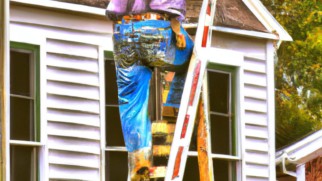 Man climbing ladder on Clayton, North Carolina home to replace roof