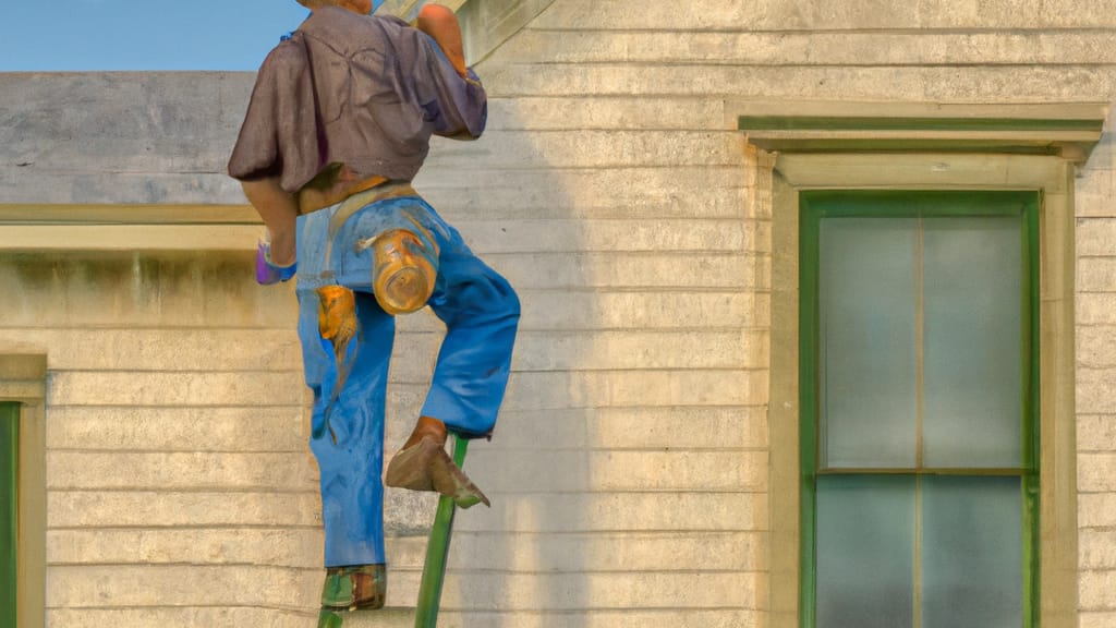 Man climbing ladder on Clinton, Iowa home to replace roof