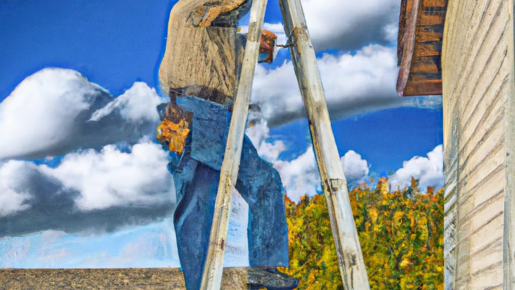 Man climbing ladder on Clovis, California home to replace roof