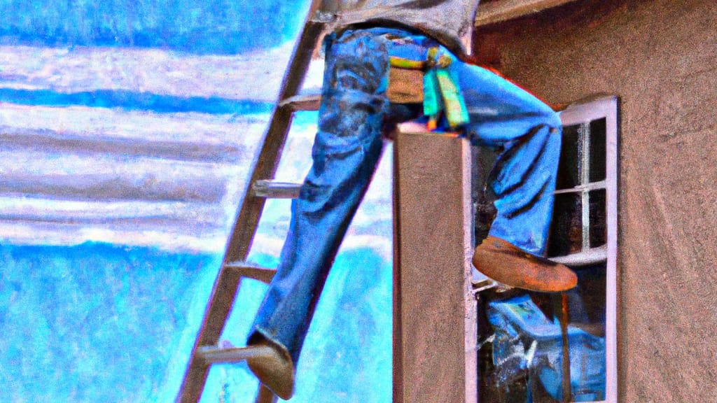 Man climbing ladder on Clovis, New Mexico home to replace roof