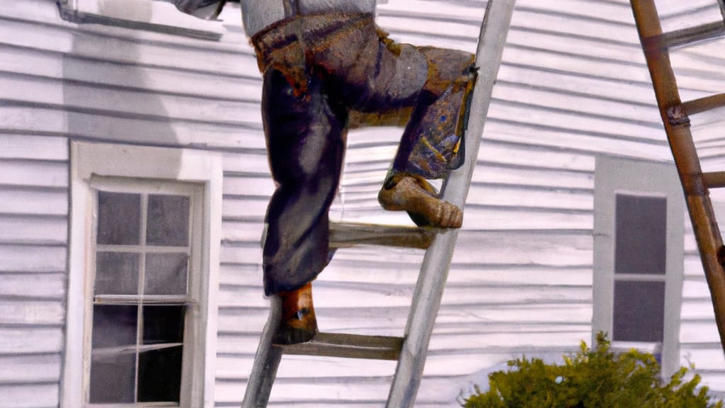 Man climbing ladder on Coal Township, Pennsylvania home to replace roof