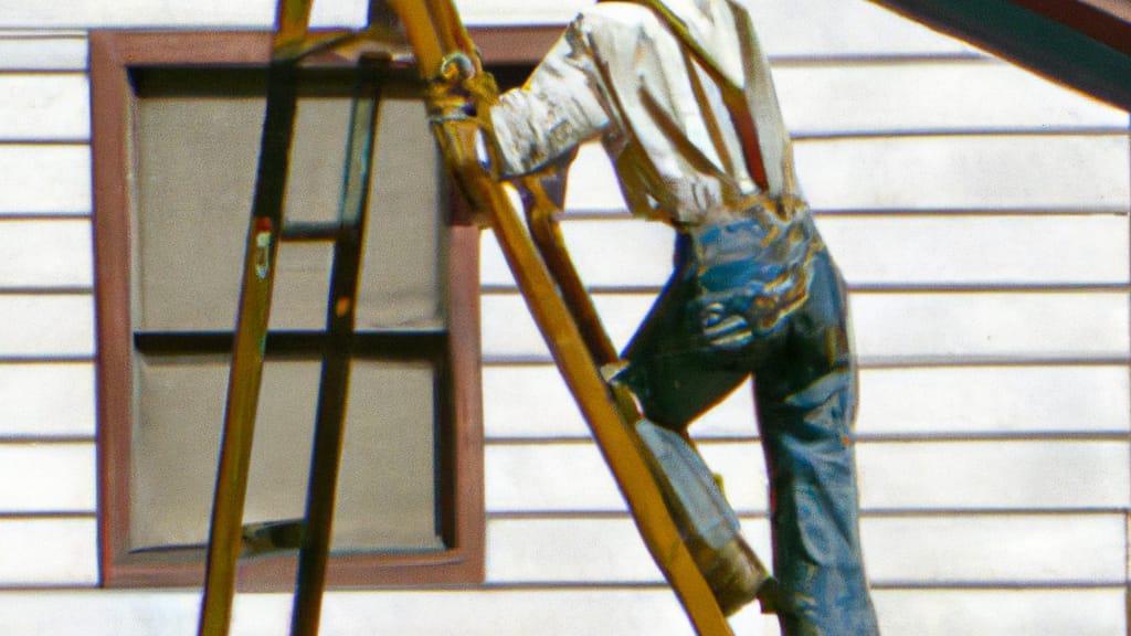 Man climbing ladder on Coalinga, California home to replace roof