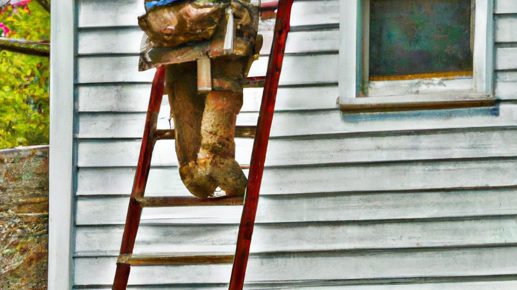 Man climbing ladder on Concord, Massachusetts home to replace roof