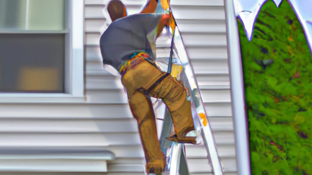 Man climbing ladder on Congers, New York home to replace roof