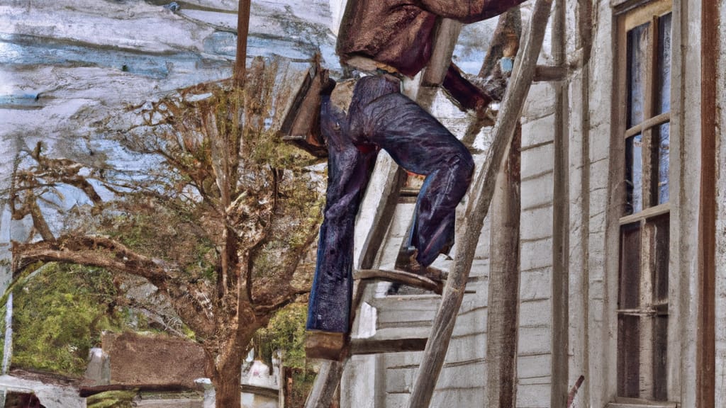Man climbing ladder on Corsicana, Texas home to replace roof