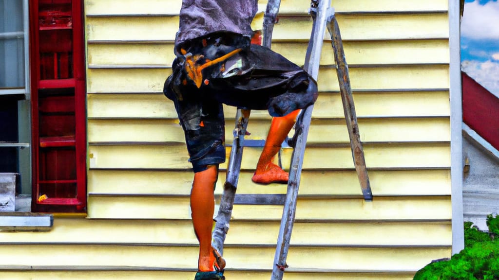 Man climbing ladder on Cranford, New Jersey home to replace roof