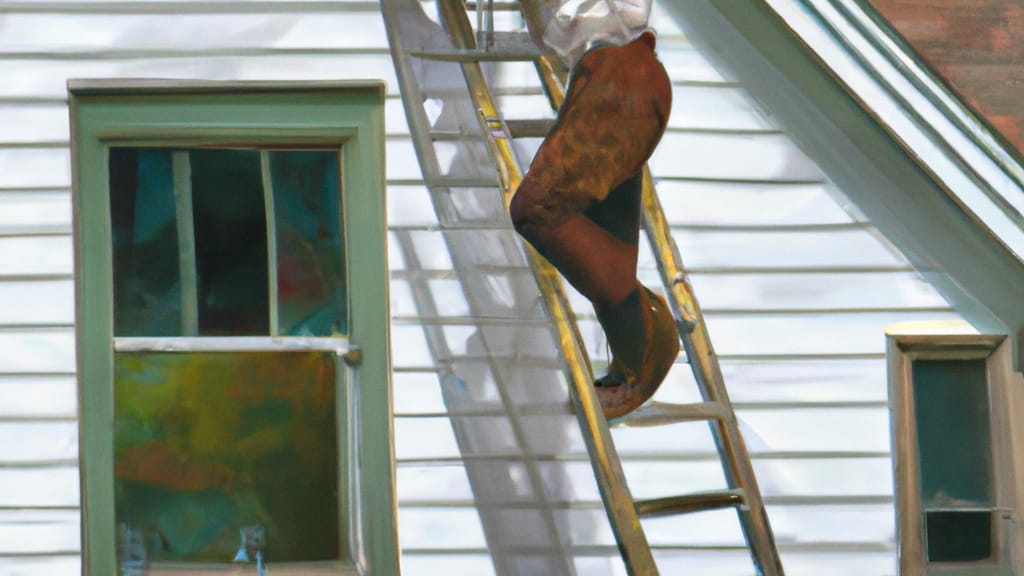 Man climbing ladder on Crawfordsville, Indiana home to replace roof