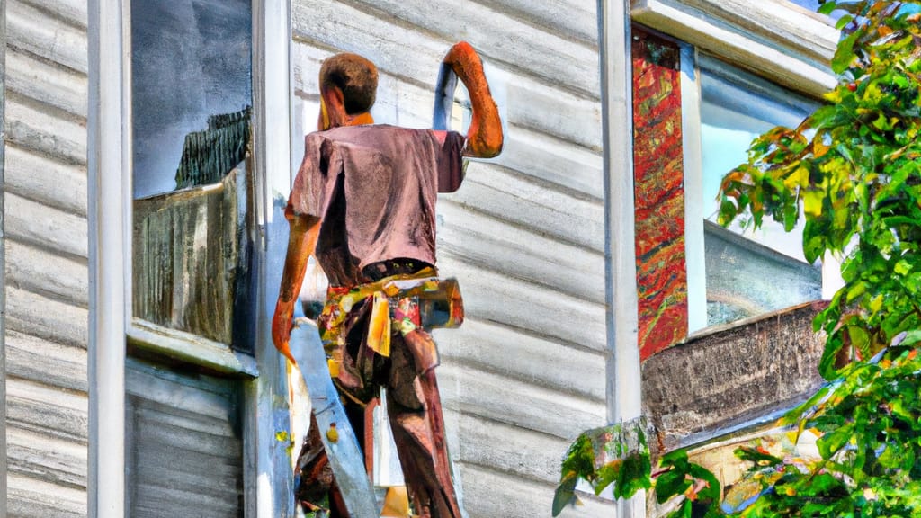 Man climbing ladder on Creve Coeur, Illinois home to replace roof