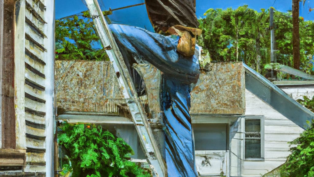Man climbing ladder on Crockett, Texas home to replace roof