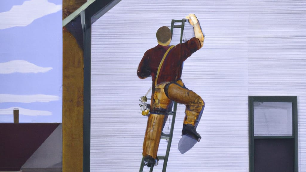Man climbing ladder on Crookston, Minnesota home to replace roof