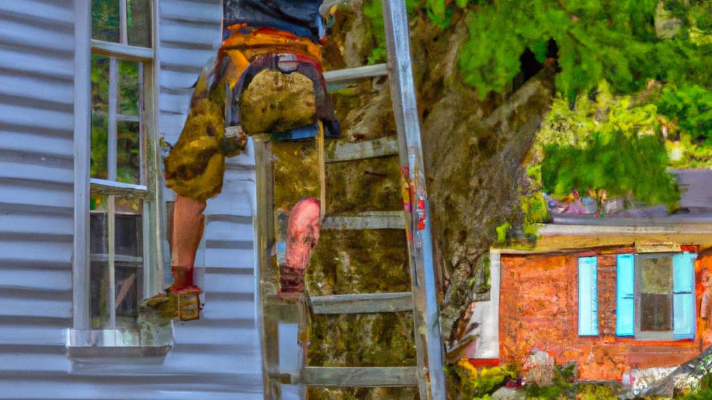 Man climbing ladder on Davidson, North Carolina home to replace roof
