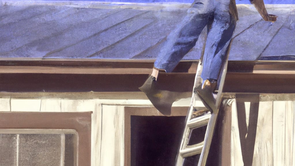 Man climbing ladder on Dayton, Nevada home to replace roof
