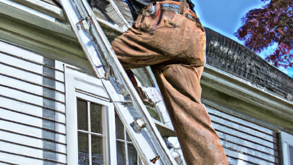 Man climbing ladder on Delafield, Wisconsin home to replace roof