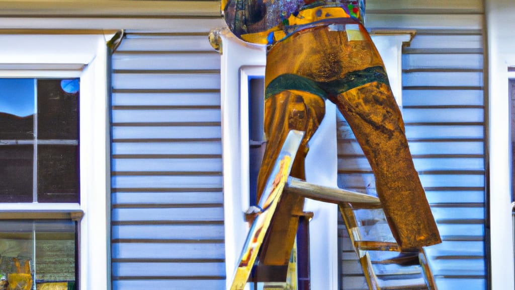 Man climbing ladder on Delavan, Wisconsin home to replace roof