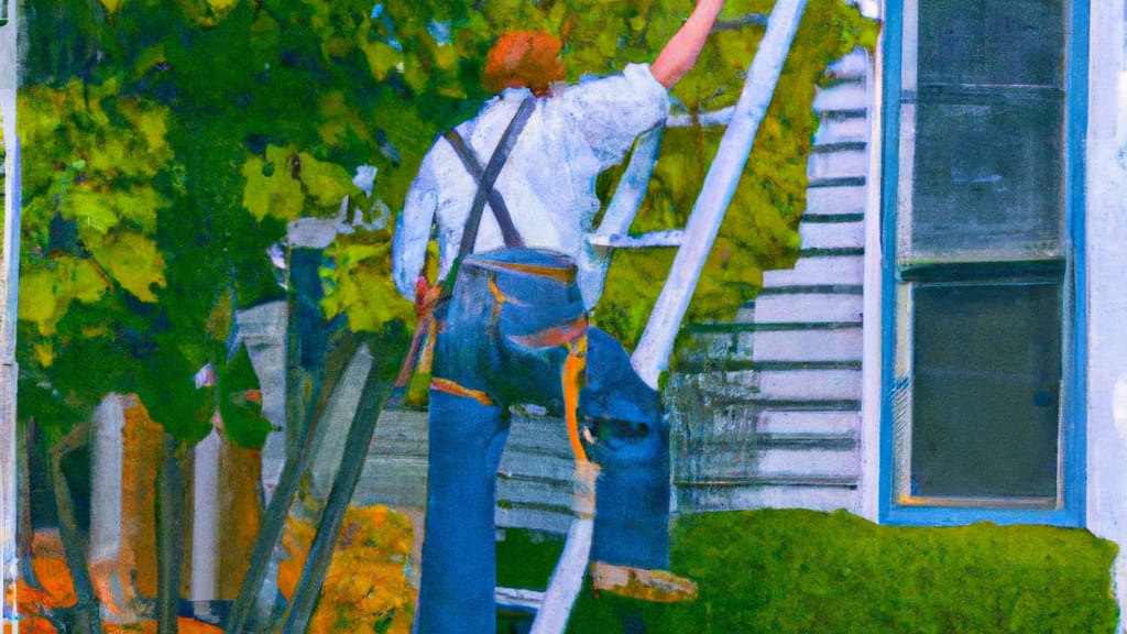 Man climbing ladder on Dowagiac, Michigan home to replace roof